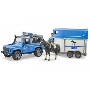 Bruder Policijsko vozilo Land Rover Defender sa Policajcem i prikolicom za konje sa 1 konjem
